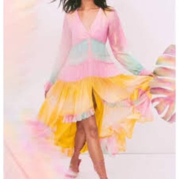 ROCOCO SAND Zale Metallic Pastel High-Low Rainbow Maxi Dress Swim Cover Up XS - Picture 2 of 7